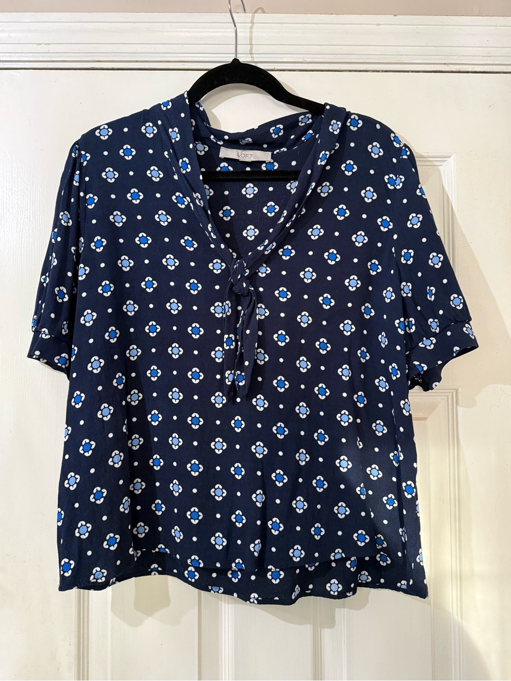 LOFT Navy Floral Tie-Neck Blouse
